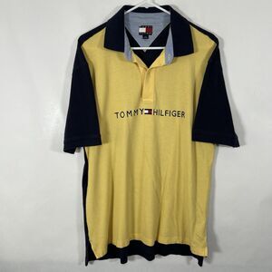Vintage Tommy Hilfiger Polo Shirt Mens Large Yellow Navy Colorblock Embroidered